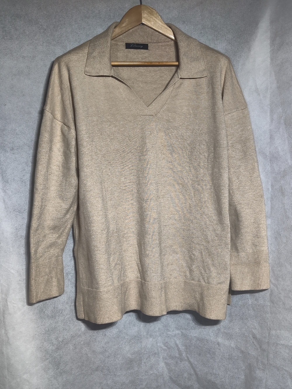 Lillusory Sz L Oversized Beige Collared V-Neck Sweater